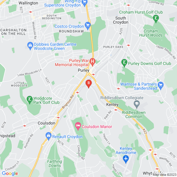 Purley Roofing location map: 24 Higher Drive, Purley, Surrey